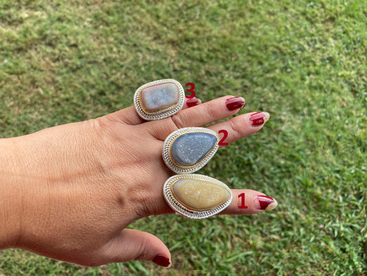 Two Tone Big Adjustable Druzy Ring, Brushed Gold with Silver Overlay Ring, Wide Band Ring, Statement Ring, Elegant Jewelry, Hammered Ring