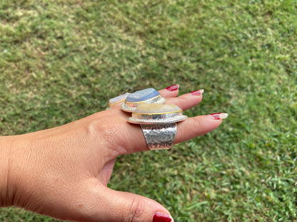 Two Tone Big Adjustable Druzy Ring, Brushed Gold with Silver Overlay Ring, Wide Band Ring, Statement Ring, Elegant Jewelry, Hammered Ring