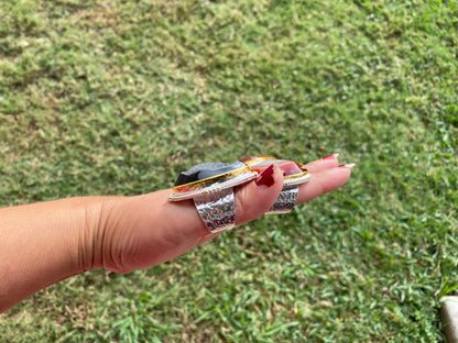 Two Tone Big Adjustable Druzy Ring, Brushed Gold with Silver Overlay Ring, Wide Band Ring, Statement Ring, Bridesmaid Gift, Hammered Ring