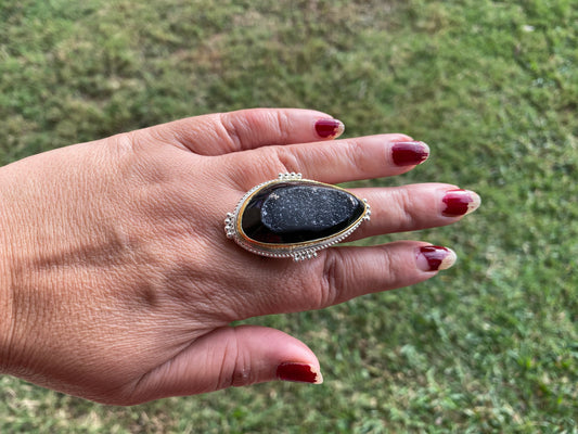 Two Tone Big Adjustable Druzy Ring, Brushed Gold with Silver Overlay Ring, Wide Band Ring, Statement Ring, Bridesmaid Gift, Hammered Ring