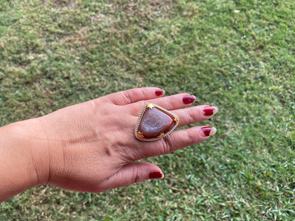 Two Tone Big Adjustable Druzy Ring, Brushed Gold with Silver Overlay Ring, Wide Band Ring, Statement Ring, Bridesmaid Gift, Hammered Ring