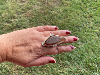 Two Tone Big Adjustable Druzy Ring, Brushed Gold with Silver Overlay Ring, Wide Band Ring, Statement Ring, Bridesmaid Gift, Hammered Ring