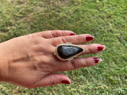 Two Tone Big Adjustable Druzy Ring, Brushed Gold with Silver Overlay Ring, Wide Band Ring, Statement Ring, Bridesmaid Gift, Hammered Ring