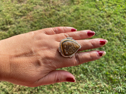 Two Tone Big Adjustable Druzy Ring, Brushed Gold with Silver Overlay Ring, Wide Band Ring, Statement Ring, Bridesmaid Gift, Hammered Ring