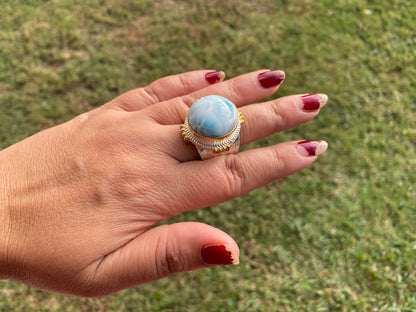 Two Tone Big Adjustable Larimar Ring, Brushed Gold & Silver Overlay, Natural Gemstone Ring, Statement Ring, Bridesmaid Gift, Hammered Ring