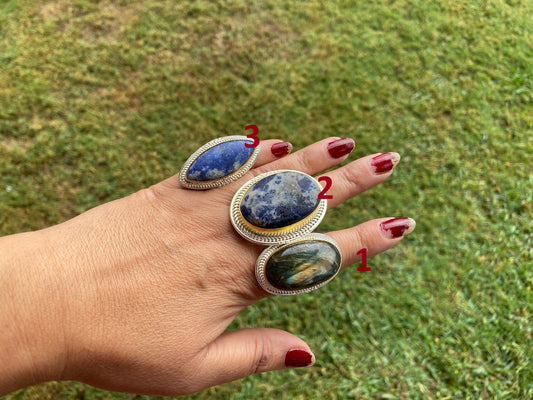 Two Tone Big Adjustable Tibetan Silver Ring, Natural Sodalite or Labradorite Stone, Brushed Gold with Silver Overlay Ring, Statement Ring