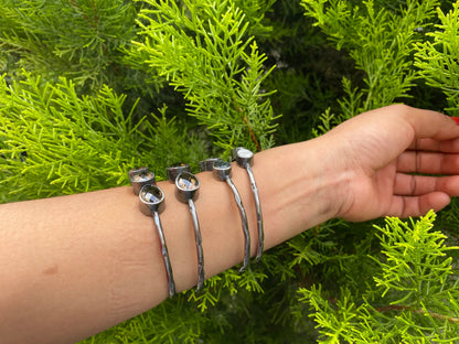 Two Tone Custom Fit Adjustable Gemstone Bangle | Antique Silver Look Hammered Cuff Bracelet, Unique Oxidized Silver Jewelry, Handmade Gifts