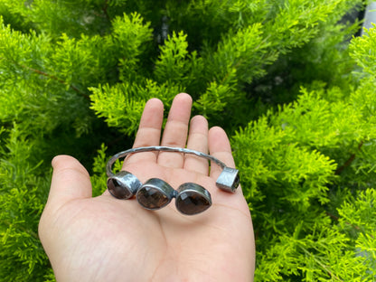 Two Tone Custom Fit Adjustable Gemstone Bangle | Antique Silver Look Hammered Cuff Bracelet, Unique Oxidized Silver Jewelry, Handmade Gifts