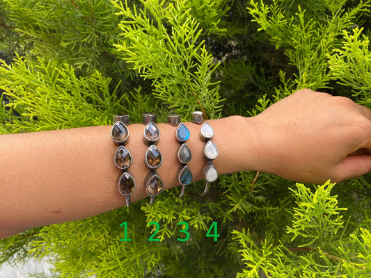 Two Tone Custom Fit Adjustable Gemstone Bangle | Antique Silver Look Hammered Cuff Bracelet, Unique Oxidized Silver Jewelry, Handmade Gifts