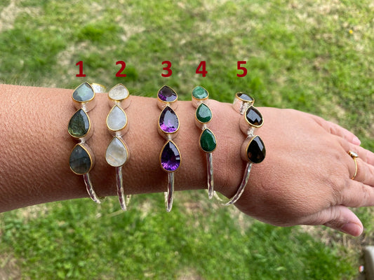 Two Tone Adjustable Gemstone Bracelet, Brushed Silver with Gold Overlay, Moonstone, Amethyst, Labradorite, Emarald or Smoky Quartz Bracelet