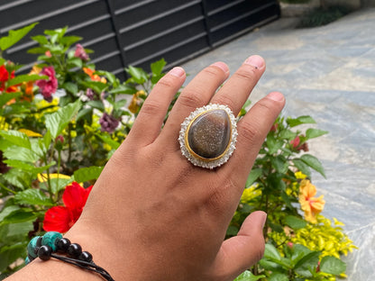 Two toned adjustable ring adorned with Duzy Agate, Aesthetic Ring, Antique Ring.