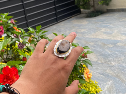 Two toned adjustable ring adorned with Duzy Agate, Aesthetic Ring, Antique Ring.