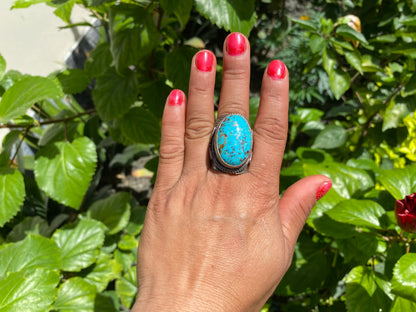 Unique Big Two-Tone Natural Turquoise Ring with Butterfly Design in Silver Overlay Brass | Bohemian Turquoise Jewelry, Perfet Gift Ring