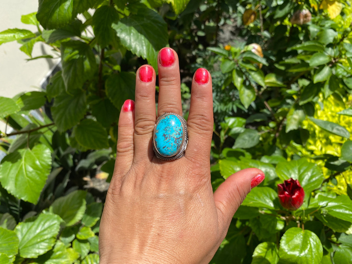 Unique Big Two-Tone Natural Turquoise Ring with Butterfly Design in Silver Overlay Brass | Bohemian Turquoise Jewelry, Perfet Gift Ring