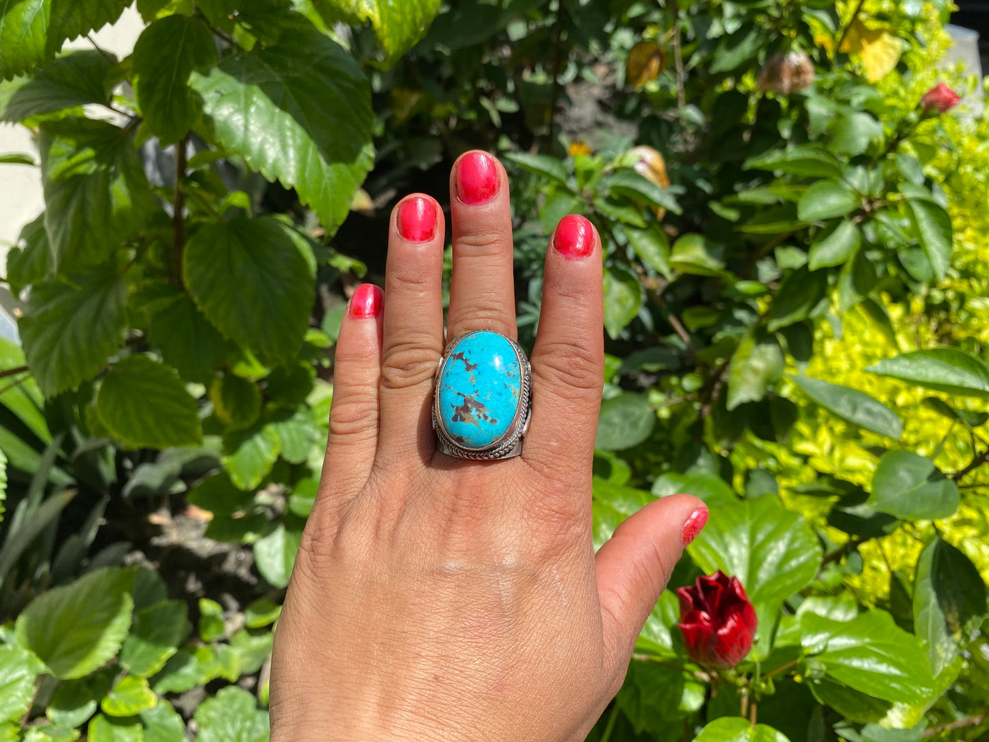 Unique Big Two-Tone Natural Turquoise Ring with Butterfly Design in Silver Overlay Brass | Bohemian Turquoise Jewelry, Perfet Gift Ring