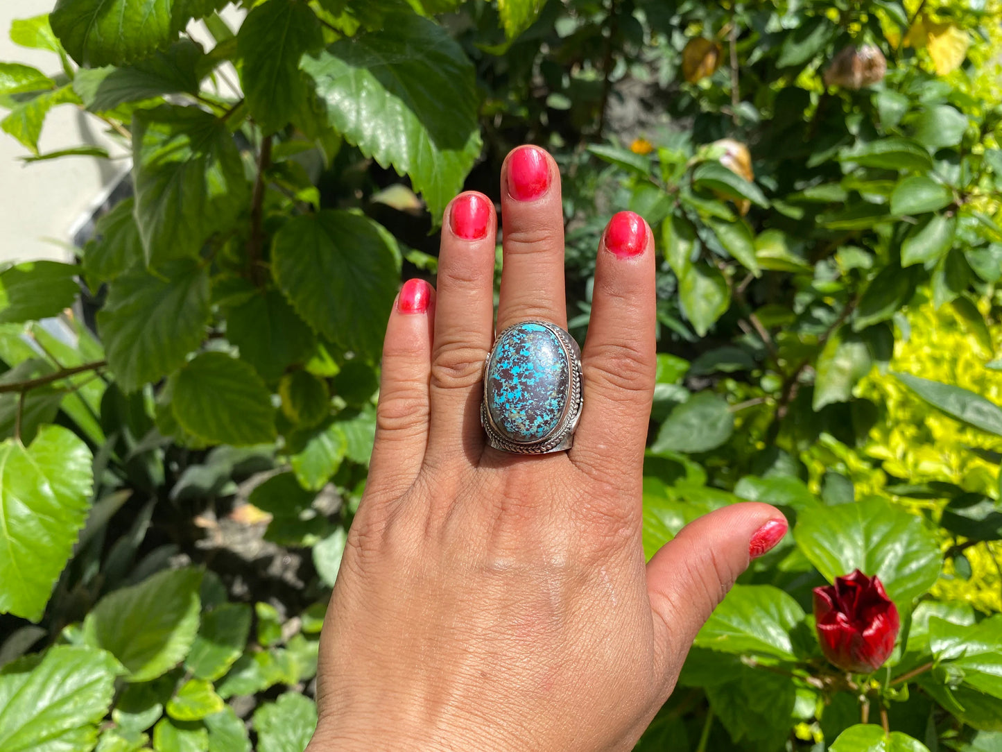 Unique Big Two-Tone Natural Turquoise Ring with Butterfly Design in Silver Overlay Brass | Bohemian Turquoise Jewelry, Perfet Gift Ring
