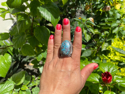 Unique Big Two-Tone Natural Turquoise Ring with Butterfly Design in Silver Overlay Brass | Bohemian Turquoise Jewelry, Perfet Gift Ring
