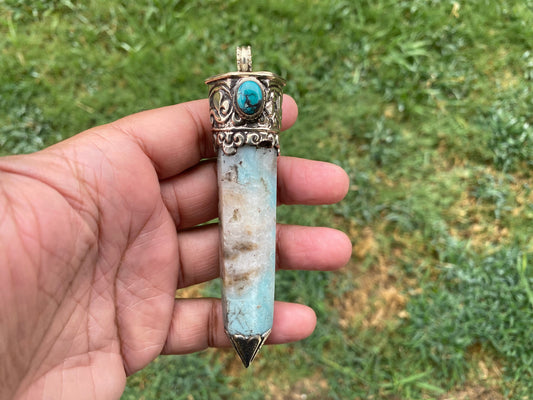 Large Pointed Amazonite with Natural Turquoise Tibetan Silver Pendant, Unique Design, Healing Crystal, Balancing Gem, Unique Jewelry