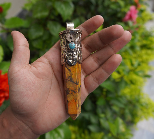 Unique Gemstone Artistry: Earthy Yellow Jasper Tower Pendant with Tibetan Silver Accents, Healing Properties, Perfect for gift, Collectible