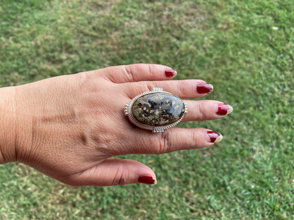 Adjustable Two Tone African Jasper Ring, Gold with Silver Jewelry, Unique Gemstone Ring, Exotic Jewelry, Handcrafted Ring, African Inspired