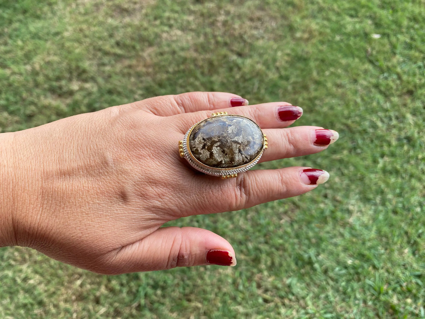 Adjustable Two Tone African Jasper Ring, Gold with Silver Jewelry, Unique Gemstone Ring, Exotic Jewelry, Handcrafted Ring, African Inspired