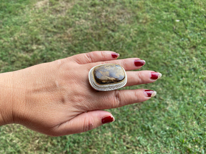 Adjustable Two Tone African Jasper Ring, Gold with Silver Jewelry, Unique Gemstone Ring, Exotic Jewelry, Handcrafted Ring, African Inspired