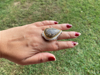 Adjustable Two Tone African Jasper Ring, Gold with Silver Jewelry, Unique Gemstone Ring, Exotic Jewelry, Handcrafted Ring, African Inspired