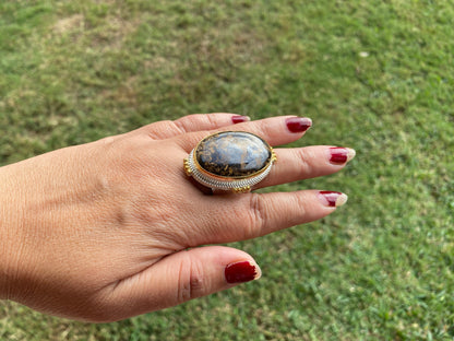 Adjustable Two Tone African Jasper Ring, Gold with Silver Jewelry, Unique Gemstone Ring, Exotic Jewelry, Handcrafted Ring, African Inspired