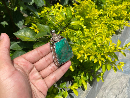 Unique Handmade Healing Raw Chrysocolla Pendant – Unisex Boho Chic Jewelry, Natural Gemstone Pendant, Perfect for gift, Hammered pendant.