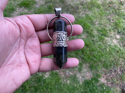 Large Point Labradorite Natural Stone Tibetan Silver Pendant, Unique Jewelry, Healing Crystal, Spiritual Protection Healing Calming Jewelry