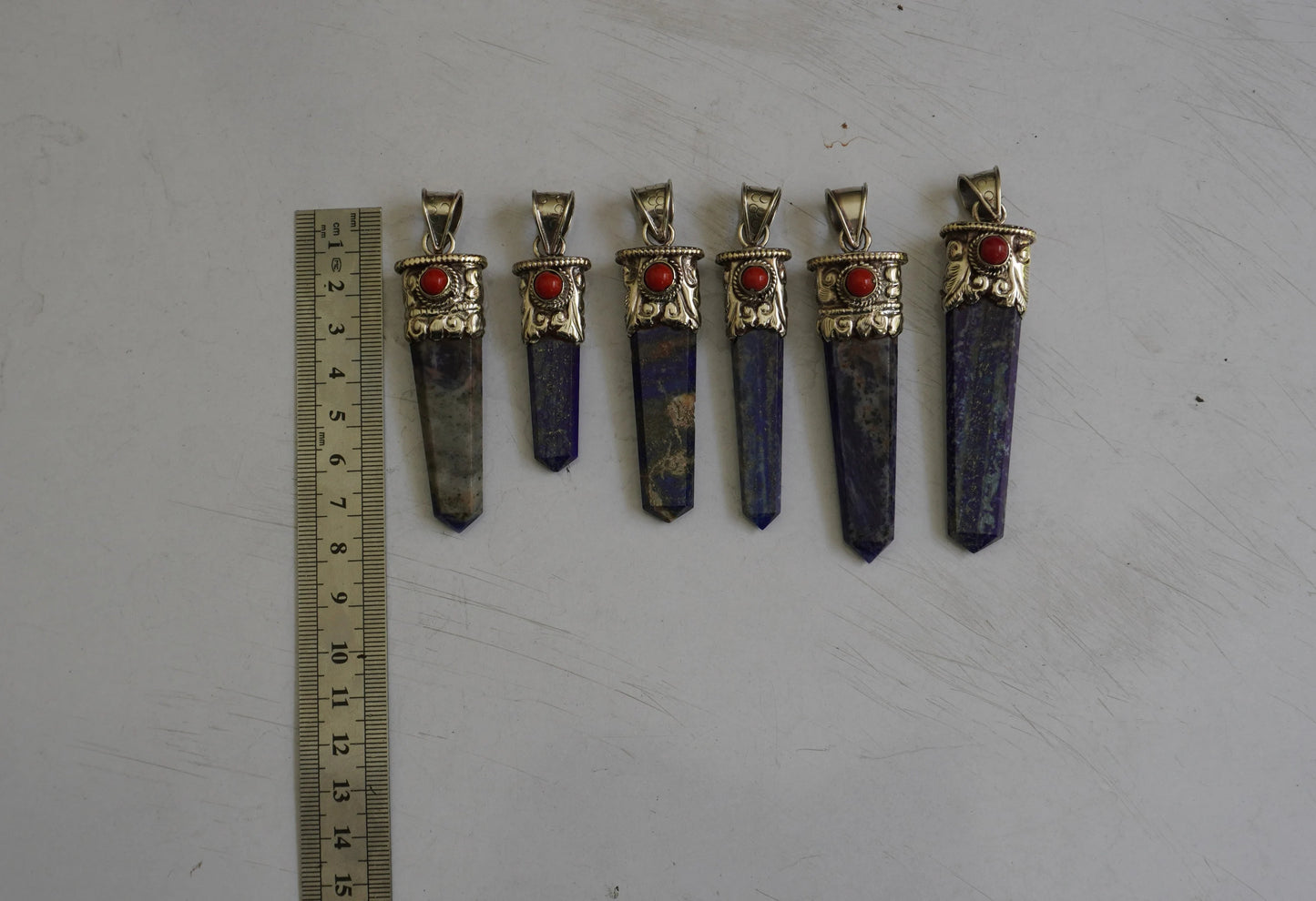 Unique Pointed Lapis Lazuli with Red Coral Pendant | Floral Design in Tibetan Silver, Daily Wear Jewlery, Hammered Pendant, Gift for him/her