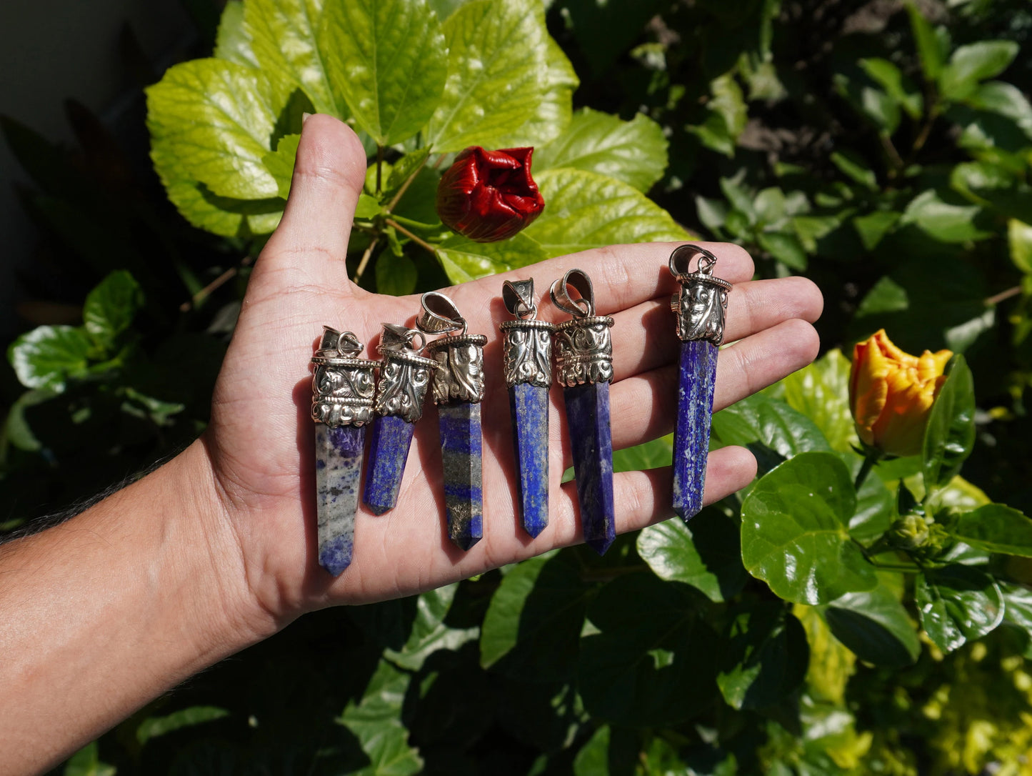 Unique Pointed Lapis Lazuli with Red Coral Pendant | Floral Design in Tibetan Silver, Daily Wear Jewlery, Hammered Pendant, Gift for him/her