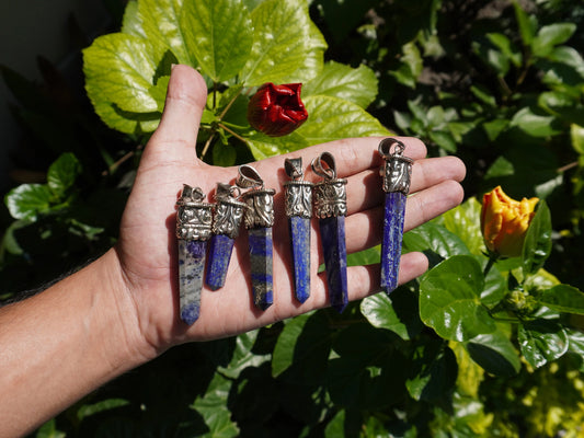 Unique Pointed Lapis Lazuli with Red Coral Pendant | Floral Design in Tibetan Silver, Daily Wear Jewlery, Hammered Pendant, Gift for him/her