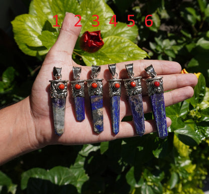 Unique Pointed Lapis Lazuli with Red Coral Pendant | Floral Design in Tibetan Silver, Daily Wear Jewlery, Hammered Pendant, Gift for him/her
