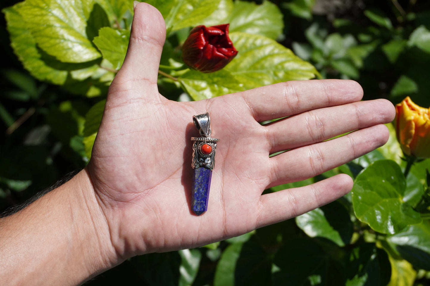 Unique Pointed Lapis Lazuli with Red Coral Pendant | Floral Design in Tibetan Silver, Daily Wear Jewlery, Hammered Pendant, Gift for him/her