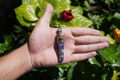 Unique Pointed Lapis Lazuli with Red Coral Pendant | Floral Design in Tibetan Silver, Daily Wear Jewlery, Hammered Pendant, Gift for him/her