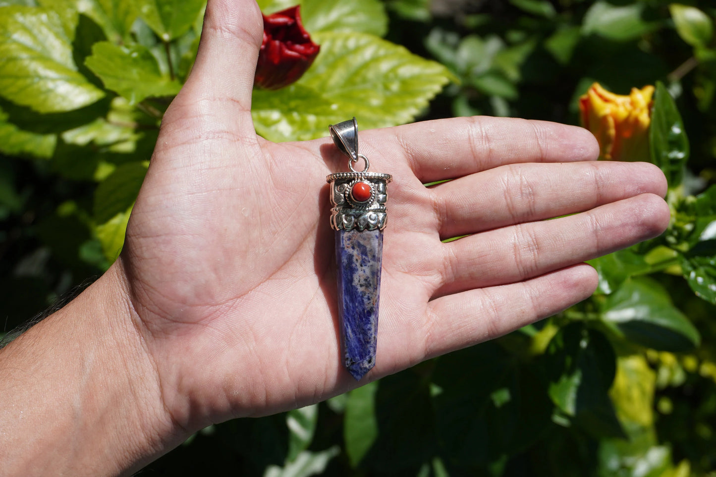 Unique Pointed Lapis Lazuli with Red Coral Pendant | Floral Design in Tibetan Silver, Daily Wear Jewlery, Hammered Pendant, Gift for him/her