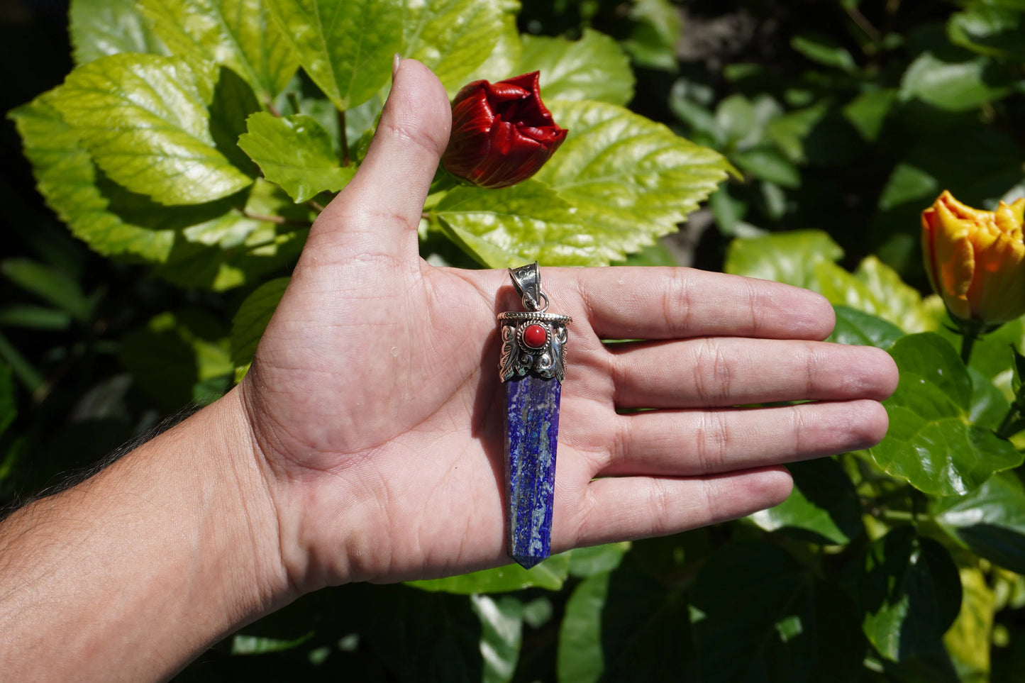Unique Pointed Lapis Lazuli with Red Coral Pendant | Floral Design in Tibetan Silver, Daily Wear Jewlery, Hammered Pendant, Gift for him/her