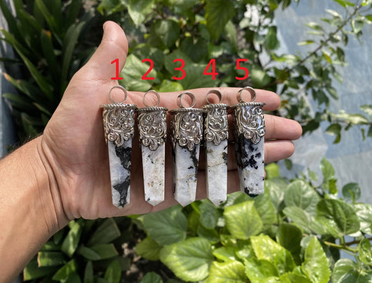 Unique Pointed Natural Moonstone Pendant | Floral design in Tibetan Silver, Hammered Pendant, Natural Stone Jewelry, Gift for him/her