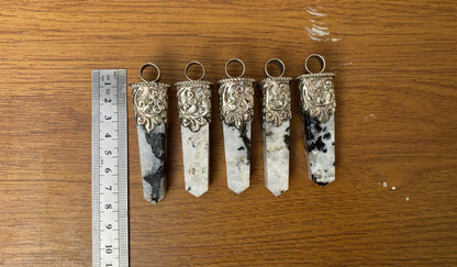 Unique Pointed Natural Moonstone Pendant | Floral design in Tibetan Silver, Hammered Pendant, Natural Stone Jewelry, Gift for him/her