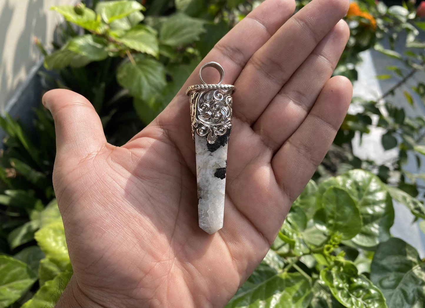 Unique Pointed Natural Moonstone Pendant | Floral design in Tibetan Silver, Hammered Pendant, Natural Stone Jewelry, Gift for him/her