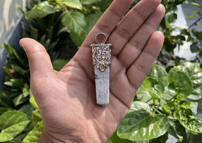 Unique Pointed Natural Moonstone Pendant | Floral design in Tibetan Silver, Hammered Pendant, Natural Stone Jewelry, Gift for him/her