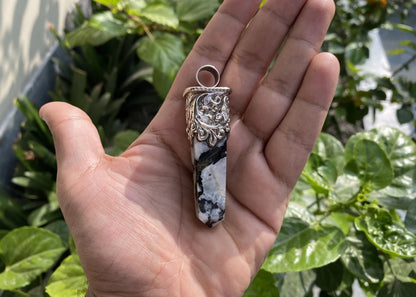 Unique Pointed Natural Moonstone Pendant | Floral design in Tibetan Silver, Hammered Pendant, Natural Stone Jewelry, Gift for him/her