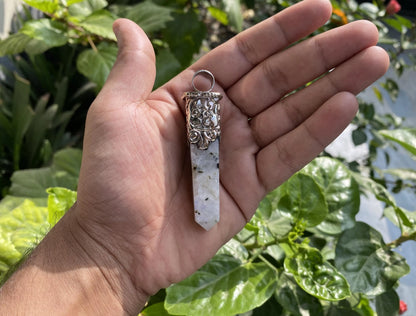 Unique Pointed Natural Moonstone Pendant | Floral design in Tibetan Silver, Hammered Pendant, Natural Stone Jewelry, Gift for him/her