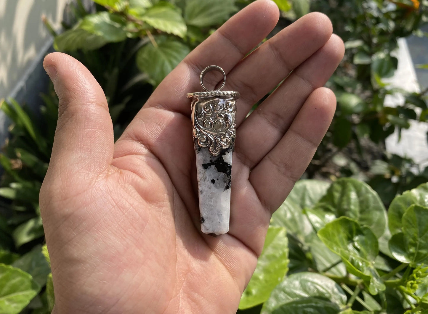 Unique Pointed Natural Moonstone Pendant | Floral design in Tibetan Silver, Hammered Pendant, Natural Stone Jewelry, Gift for him/her