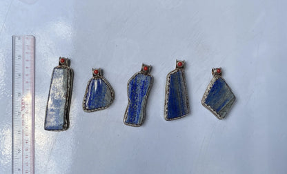 Unique Raw Lapis Pendant adorned with Red Coral and Tibetan Silver, Daily wear Pendant, Handmade Floral Design, Unisex Pendant, Unique gift.