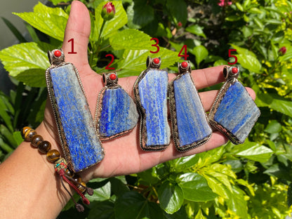 Unique Raw Lapis Pendant adorned with Red Coral and Tibetan Silver, Daily wear Pendant, Handmade Floral Design, Unisex Pendant, Unique gift.