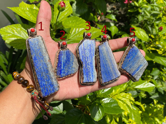 Unique Raw Lapis Pendant adorned with Red Coral and Tibetan Silver, Daily wear Pendant, Handmade Floral Design, Unisex Pendant, Unique gift.