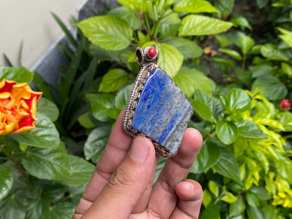 Unique Raw Lapis Pendant adorned with Red Coral and Tibetan Silver, Daily wear Pendant, Handmade Floral Design, Unisex Pendant, Unique gift.
