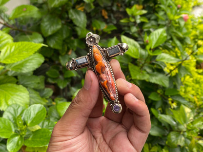 Unique Spiny Orange Oyster & Tibetan Silver Cross Pendant - Boho Chic Jewelry, Daily wear Pendant, Unisex Pendant,  Gemstone Pendant.